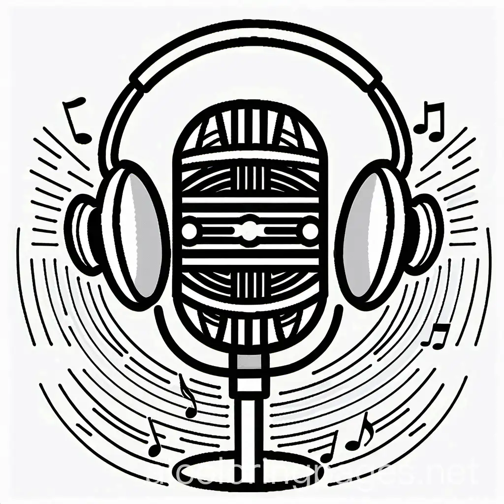 black and white coloring page, abstract, music themed, microphone, headphones, bold lines, Coloring Page, black and white, line art, white background, Simplicity, Ample White Space. The background of the coloring page is plain white to make it easy for young children to color within the lines. The outlines of all the subjects are easy to distinguish, making it simple for kids to color without too much difficulty