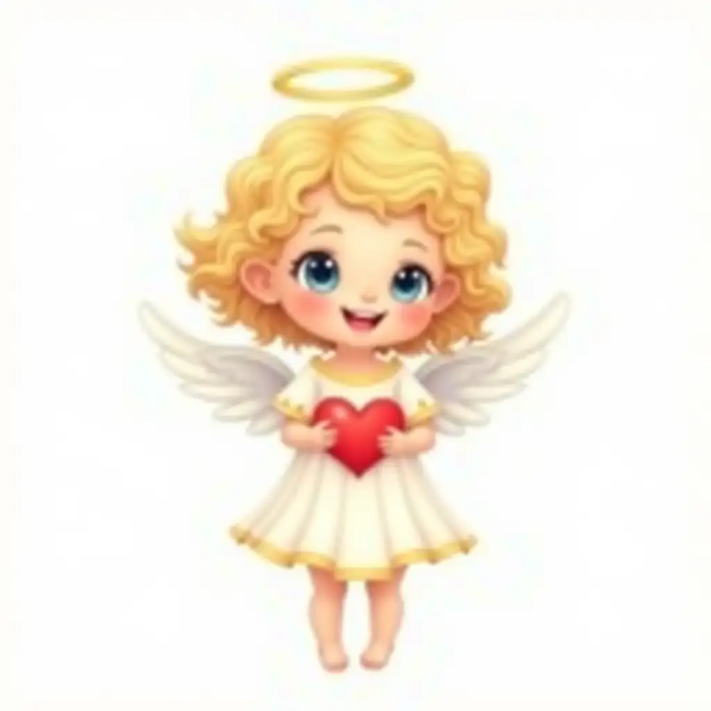 The image is a digital illustration of a cute little angel with curly blonde hair and blue eyes. She is wearing a white dress with gold inserts and a golden halo on her head. He stands barefoot to his full height. She has white wings on her back and holds a red heart in her hands. The angel has a big smile on his face, and he looks directly at the viewer. The background is white