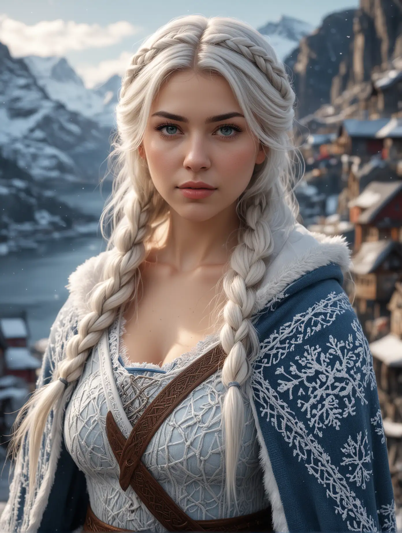 4K anime style quality, digital drawing mode, Norway-themed, beautiful valentina nappi with awesome cleavage character, long platinum hair braided into a crown, icy blue eyes, wearing a woolen tunic with Viking patterns and a fur-lined cloak, standing on a snowy mountainside with fjords in the background, holding a Viking sword with intricate engravings, radiant skin, serene and strong expression, full body, dynamic pose, life size, perfect anatomy, detailed skin texture, full HD, 4K, HDR, perfect anatomy, depth of field