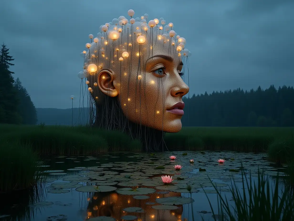 Face transformed into a building with glass glowing balls and roots Lights up on a meadow with lake and a water lilies looking at the viewer