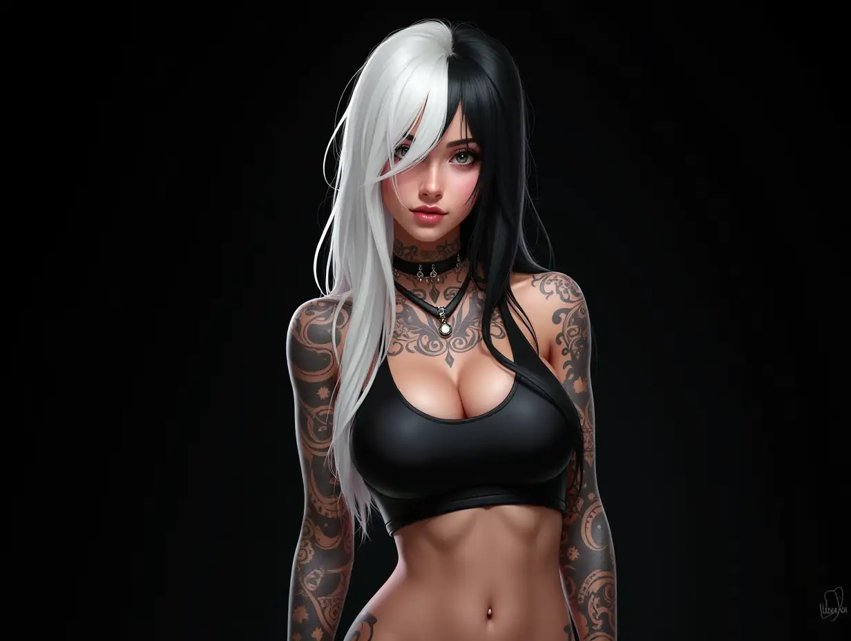 Depiction of a beautiful white woman with tattoos and long mixed white-black hair in a futuristic style and black background