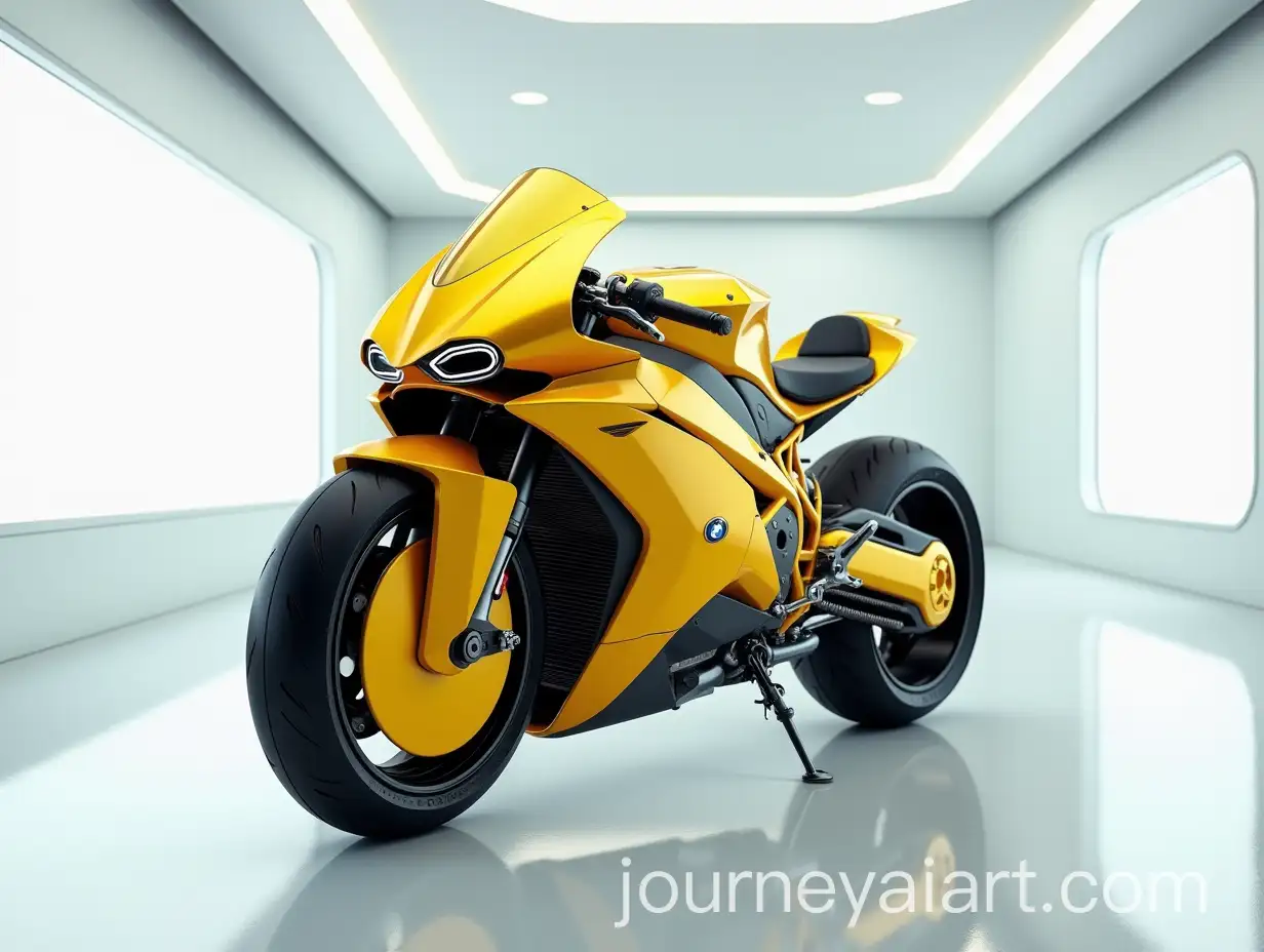 Futuristic-BMW-1000-RR-Motorcycle-in-Metallic-Yellow-in-UltraModern-Showroom