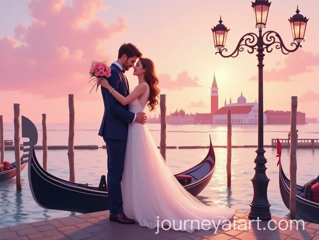 Elegant-Couple-Embracing-on-a-Venetian-Bridge-at-Sunset