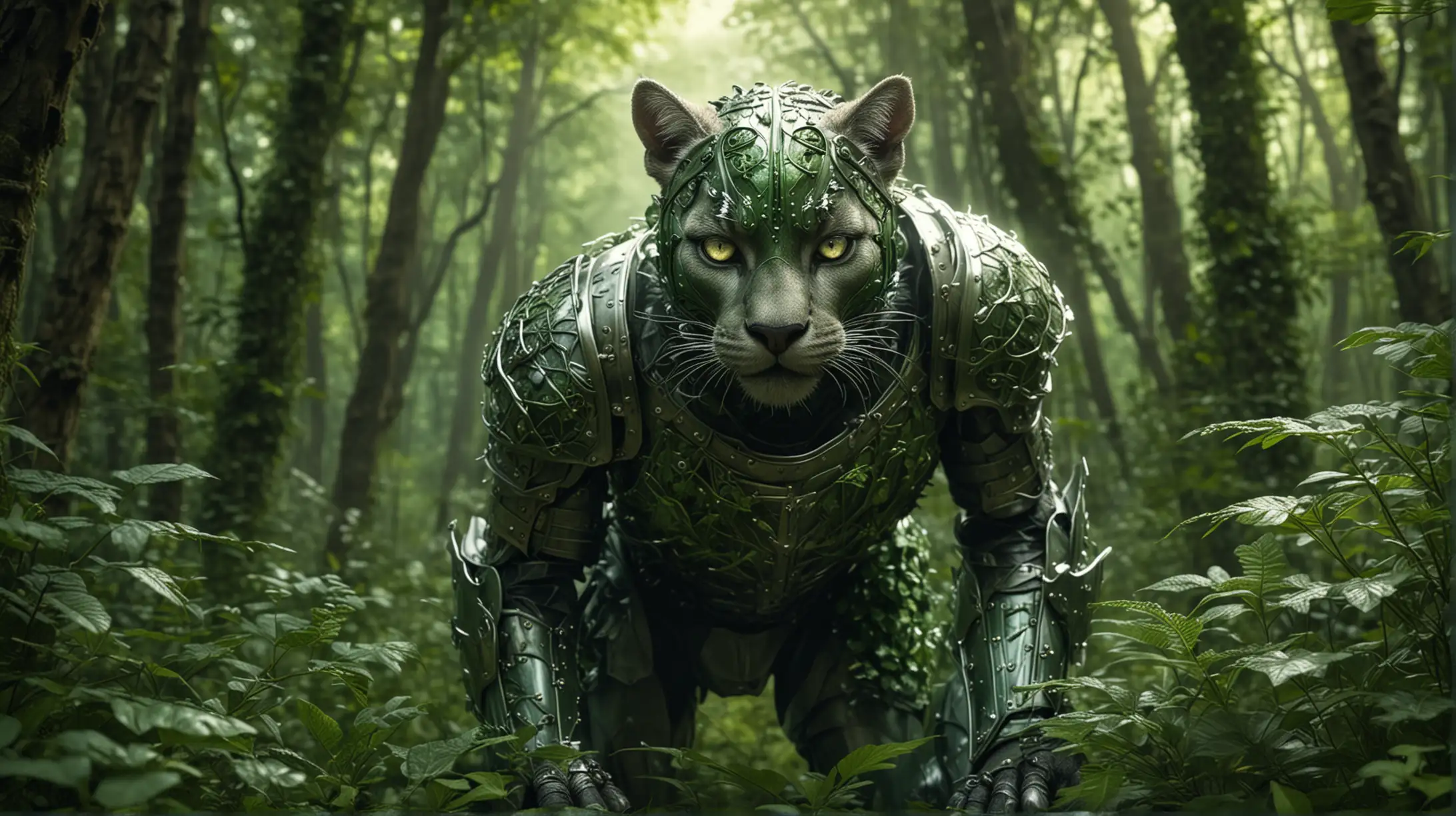 SemiTransparent Puma Knight in Armor Gaining Invisibility in Magical Forest