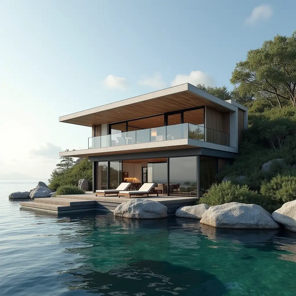 a ultra realistic, super-luxury, off-shore dream house that embodies elegance, exclusivity, and a connection to nature