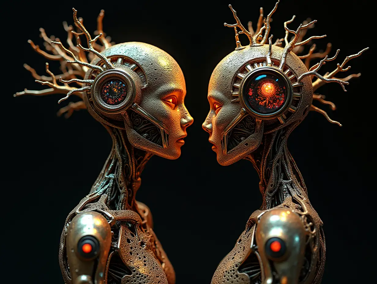 rotgoldenem Complex-Horizon-Fractals humanoid robots with Complex-Horizon-Fractals body and Fracta-Bald with Root on head, with colorful background black