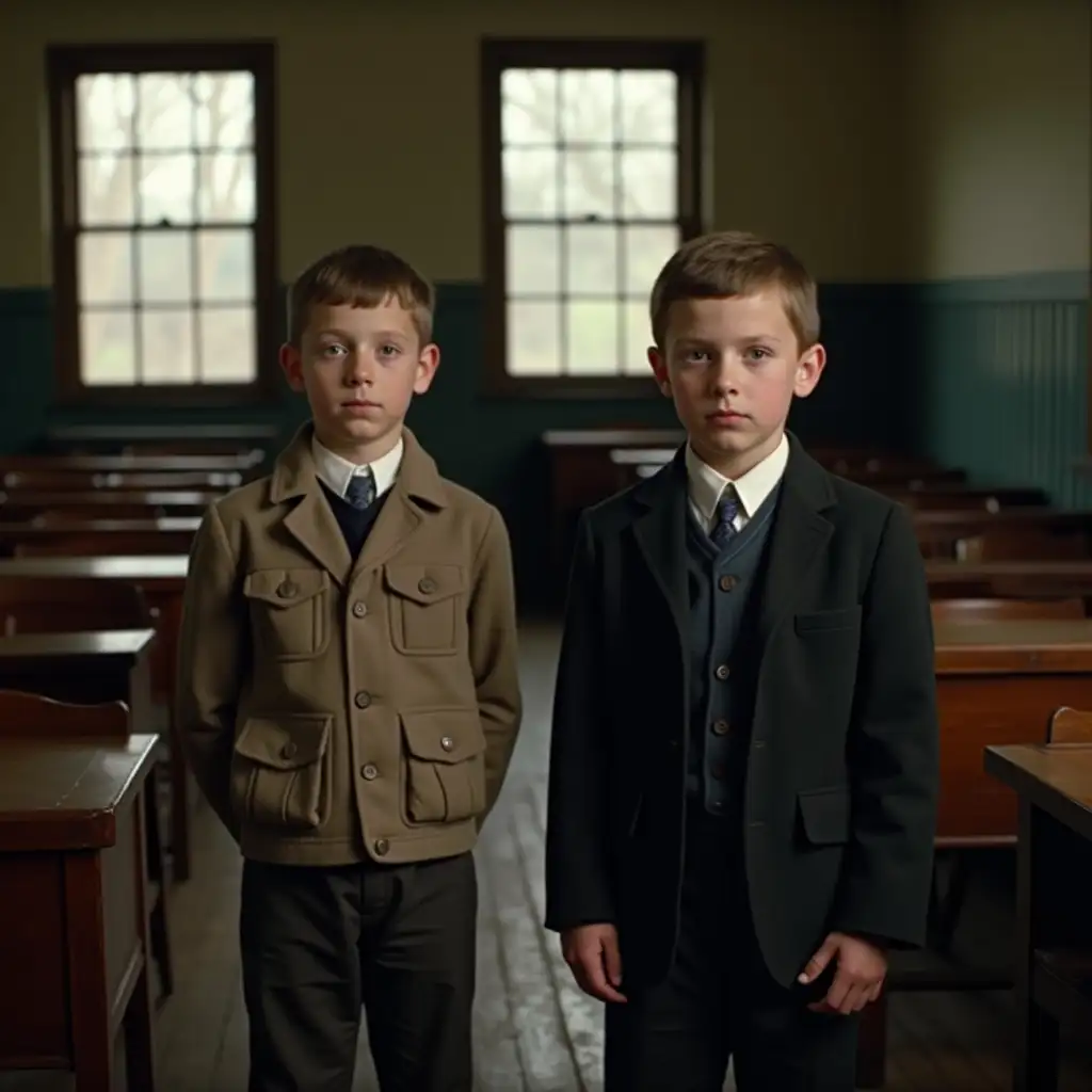 In this image, two boys are standing in an old classroom. Their clothes appear old-fashioned, perhaps from the 19th or early 20th century. The classroom has wooden desks and large windows.