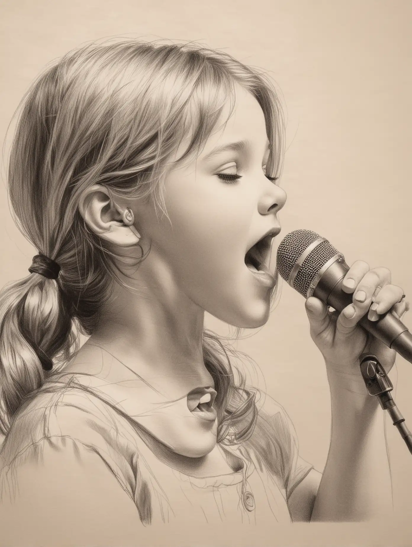 close-up of a hand sketching on paper, drawing with a pencil an image of a small white girl singing with a microphone