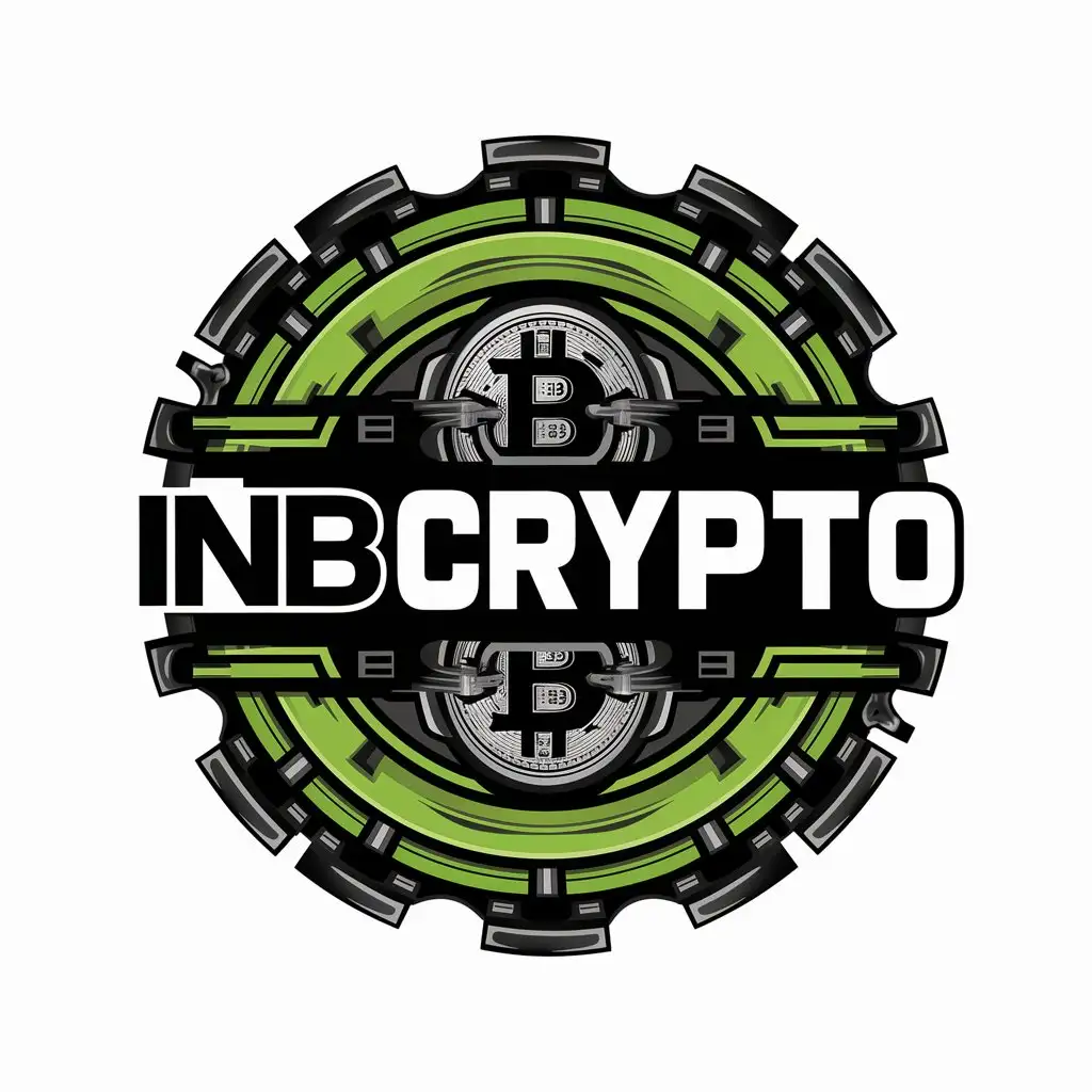 a vector logo design,with the text "INBcrypto", main symbol:crypto, bitcoin, coins, cyberpunk style, acid green color, black and white text,complex,clear background