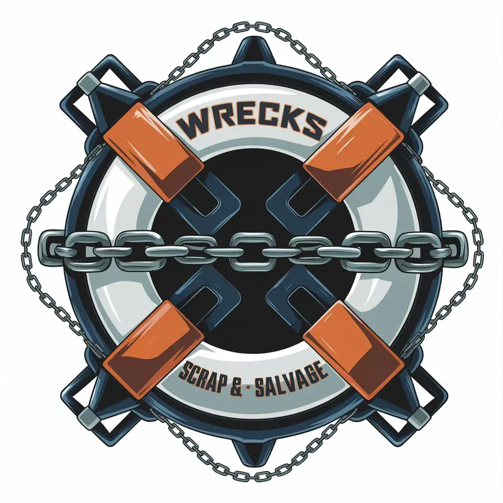 LOGO Design for WRECKS SCRAP SALVAGE Futuristic Life Ring with Steel Chain in White and Orange