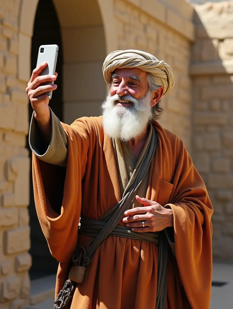 Take a selfie of a happy elder, from Israel, 2000 years ago, in traditional clothing