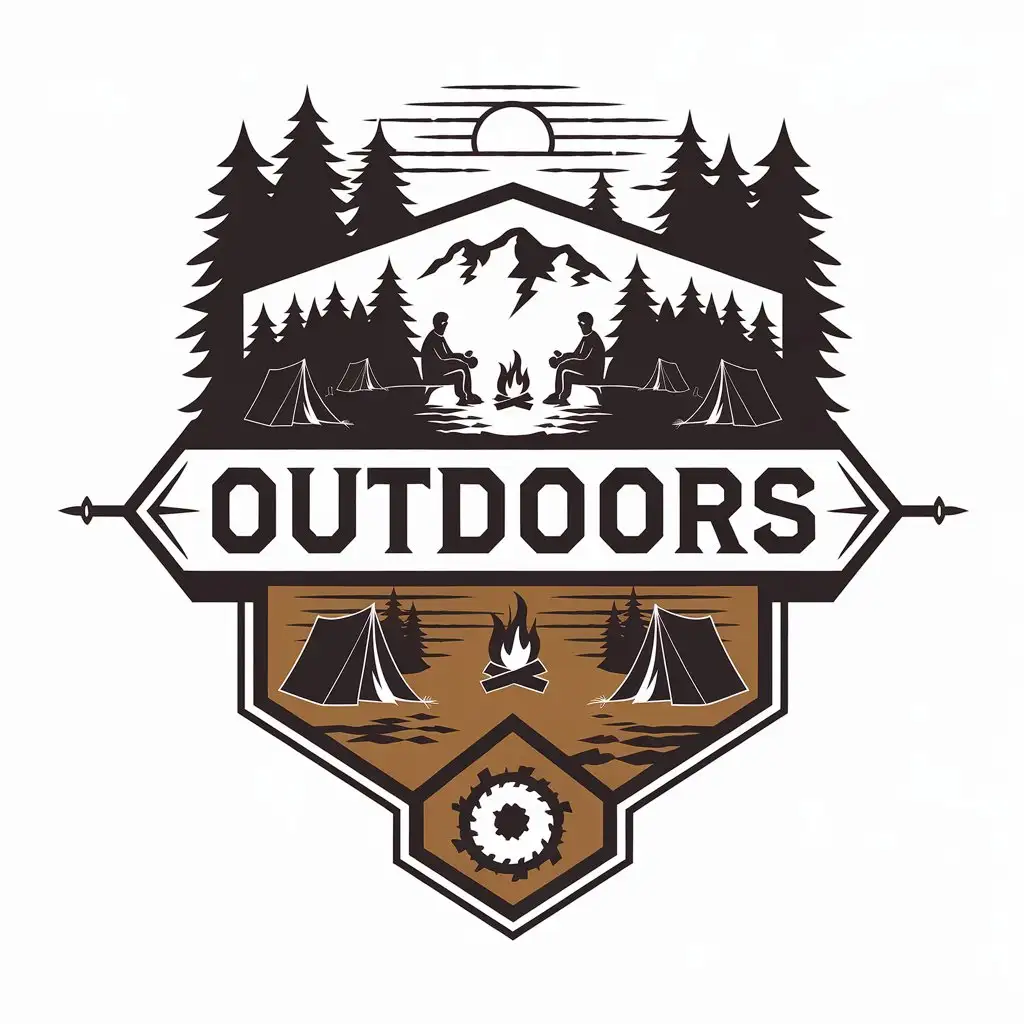 a vector logo design,with the text "OUTDOORS", main symbol:Woods, campfires, camping, campers sitting around campfires, sunset, distant mountains,,complex,be used in Sports Fitness industry,clear background