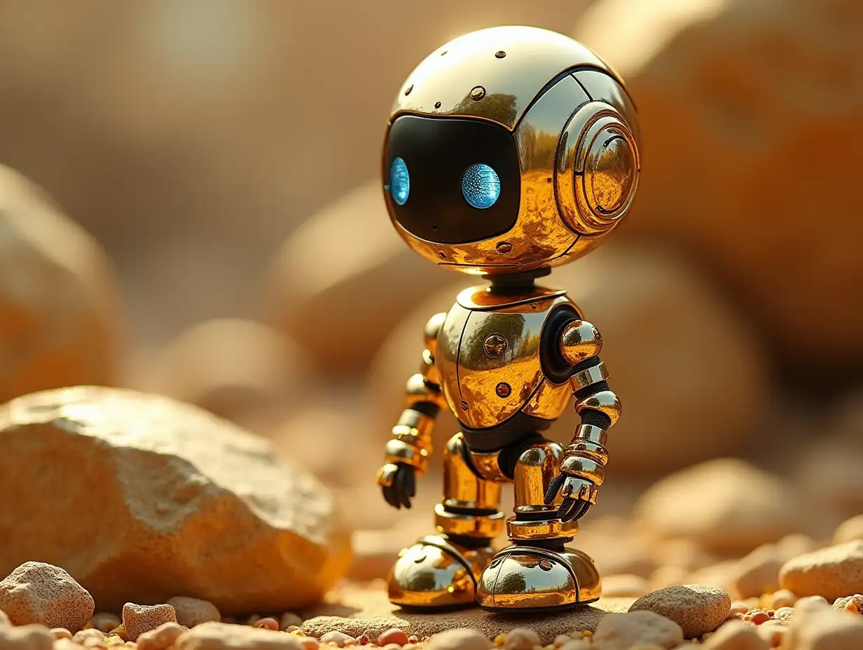 AI Robot chrome on A Golden Rock