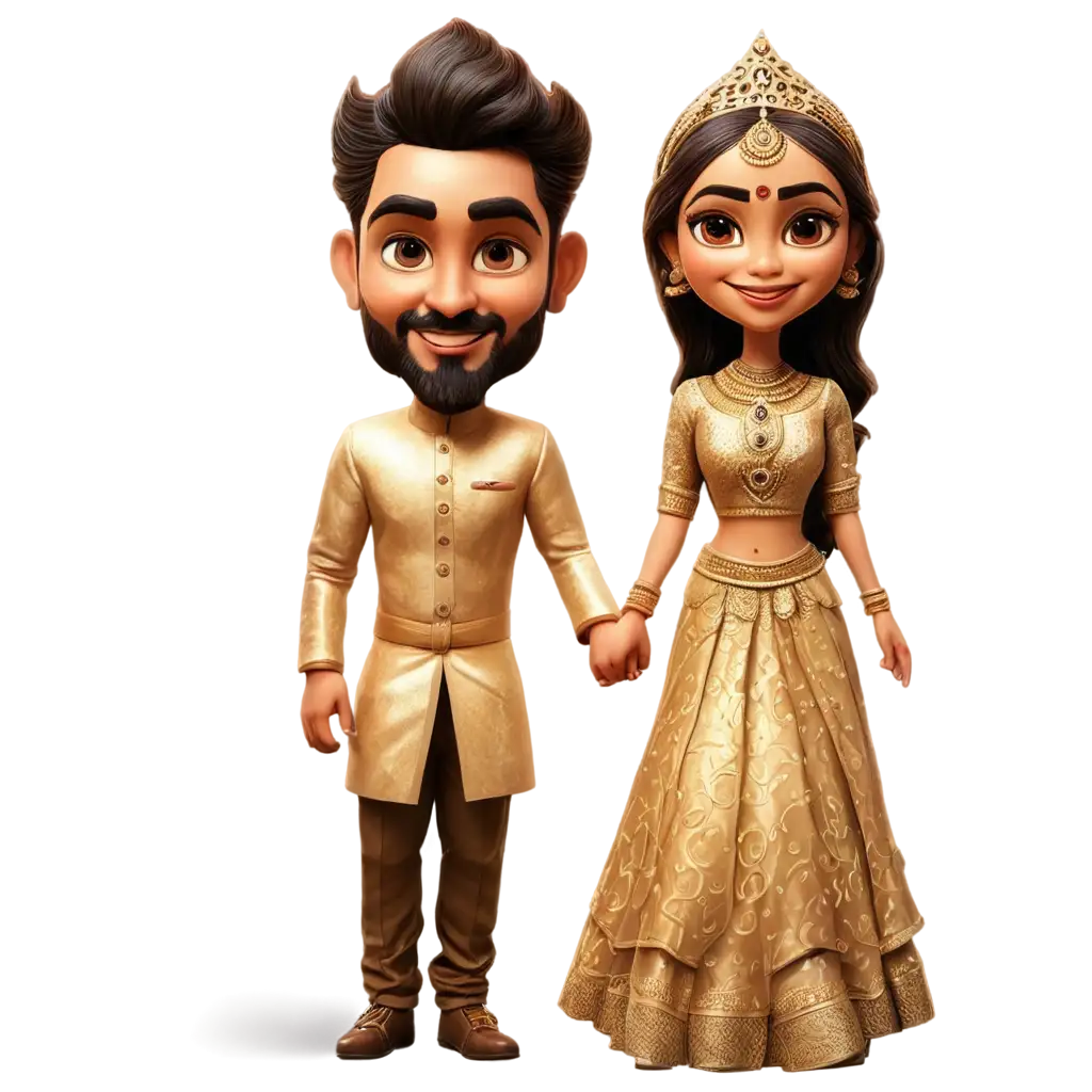 South-Indian-Wedding-Caricature-in-Golden-Lehengas-PNG-Image