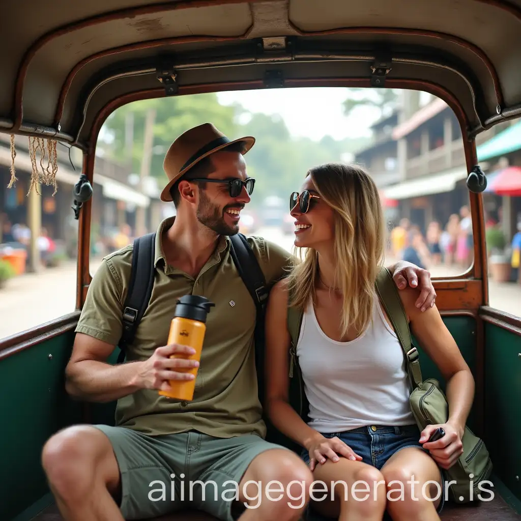 Traveling European couple, 35 years old, sustainable clothing, reusable water bottle, backpack, in a Tuktuk, exotic location, Thailand, market, sunglasses, phone in hand