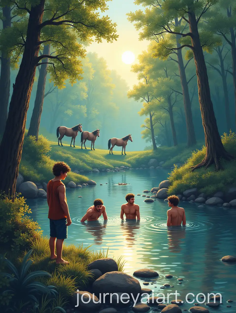 Men-Bathing-in-the-Forest-with-Horses-in-the-Background