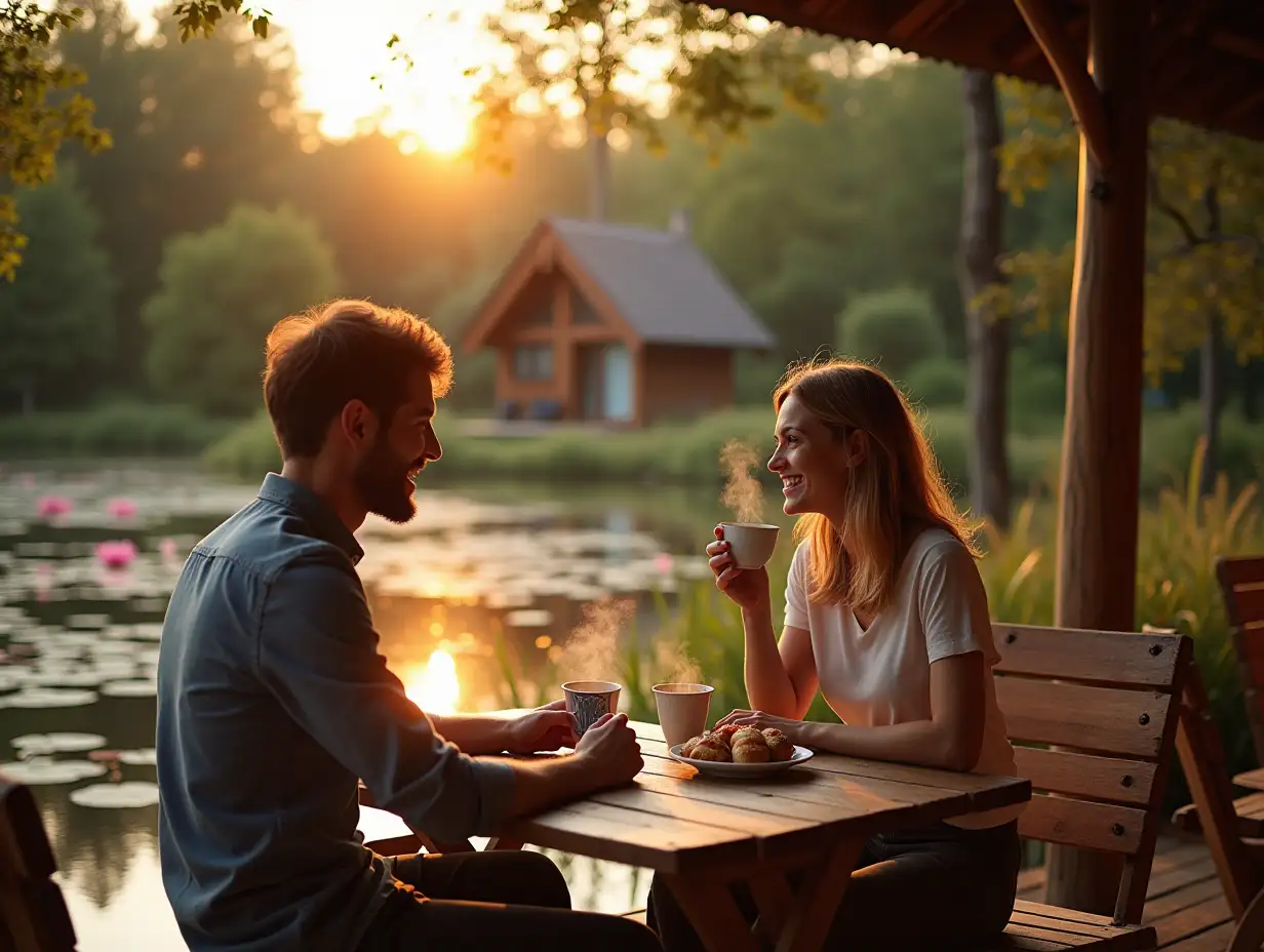 a cheerful man and a woman are sitting on the wooden veranda of the coffeehouse and drinking coffee from coffee cups from which steam is coming, they have fragrant various pastries on the table, behind them on the same veranda are different people in love couples and families and just friends sitting on the same veranda of the coffeehouse on different tables, and already in the background behind the the verandas are located at a distance of 50 meters from a huge eco-pond with crystal clear water and a large number of pink lily pads and the pond has natural gently sloping grassy banks, similar to wild ponds, on the other side there are only 2 small one-storey chalet houses located away from the shore of the pond, these houses have the appearance of a one-storey chalet with a gable tiled roof, each roof slope is smooth without bending, these chalet houses are built from a system of wooden beams consisting only of vertical wooden beams, and only in the half-timbered style and glass walls between the glass beams - these are panoramic windows in all walls from floor to roof, that is, each wall is a panoramic window, at sunset and in the reflections of sunset light, the foreground view is in focus, and the background - blurry, realistic