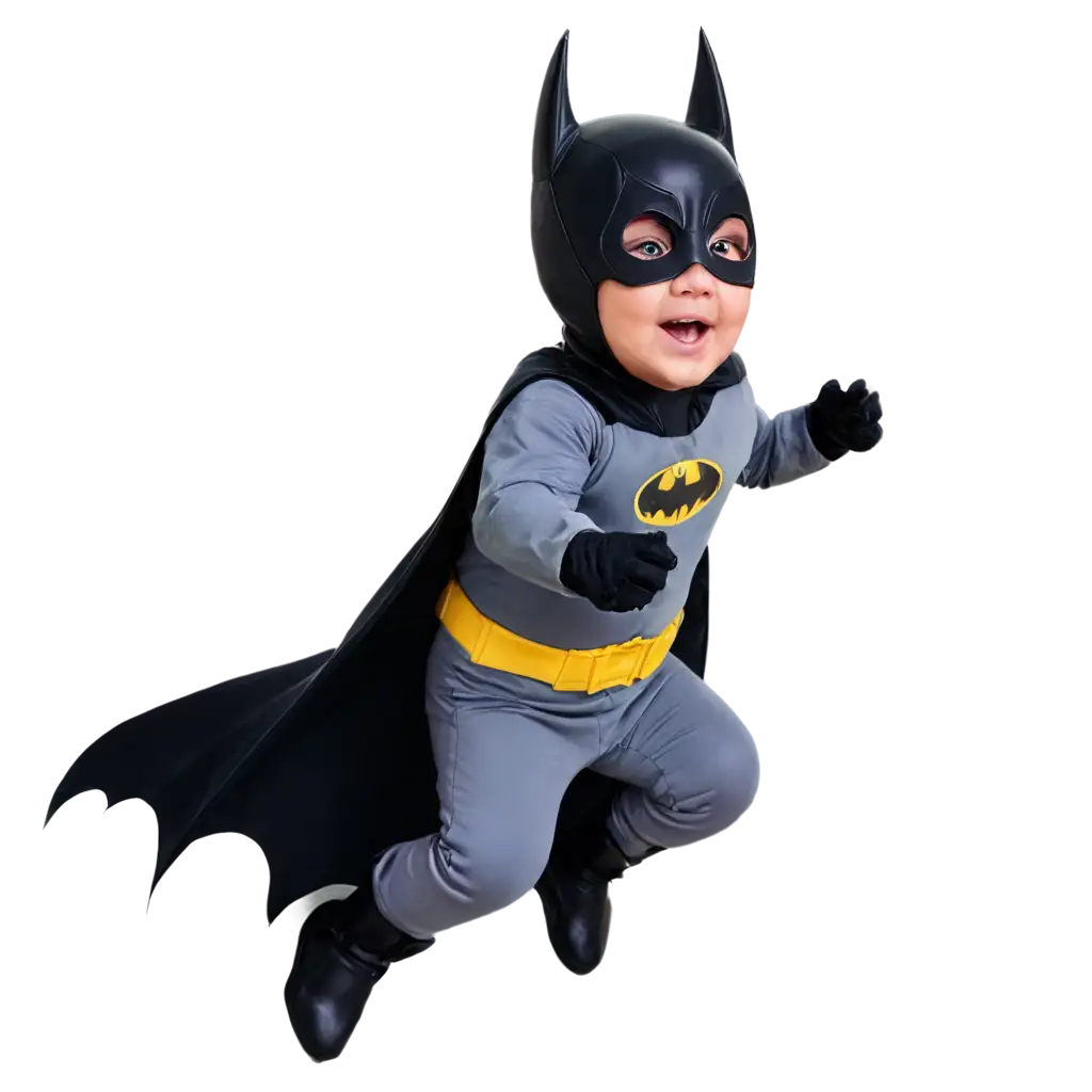 a toddler in batman costume flying in the sky