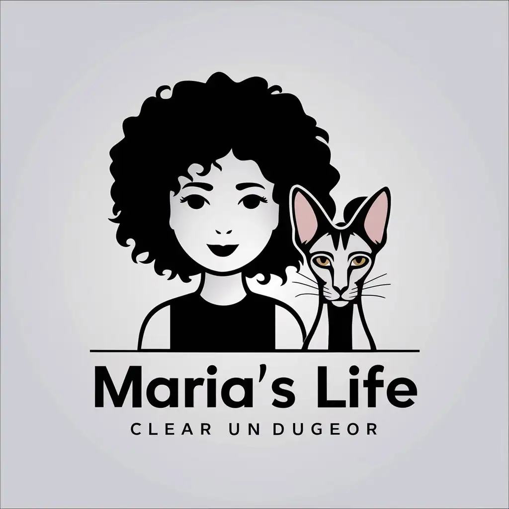 a vector logo design,with the text "Maria’s Life", main symbol:Curly girl and sphinx cat,Minimalistic,clear background