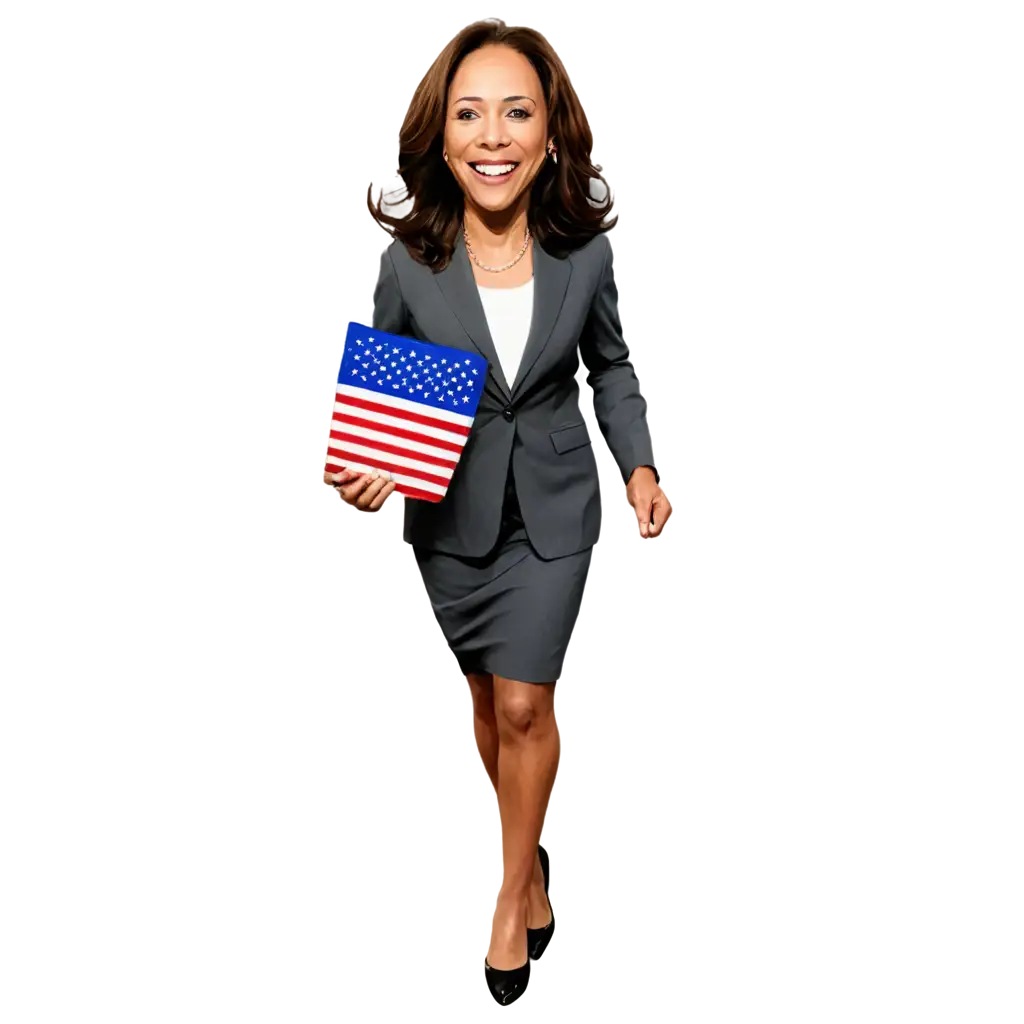 create a caricature design of kamala harris adding tha cote just like kamala, the caricature vibrant use us flag. make it powerful and inspiring i want to use on t-shirt since i want to use that people would buy