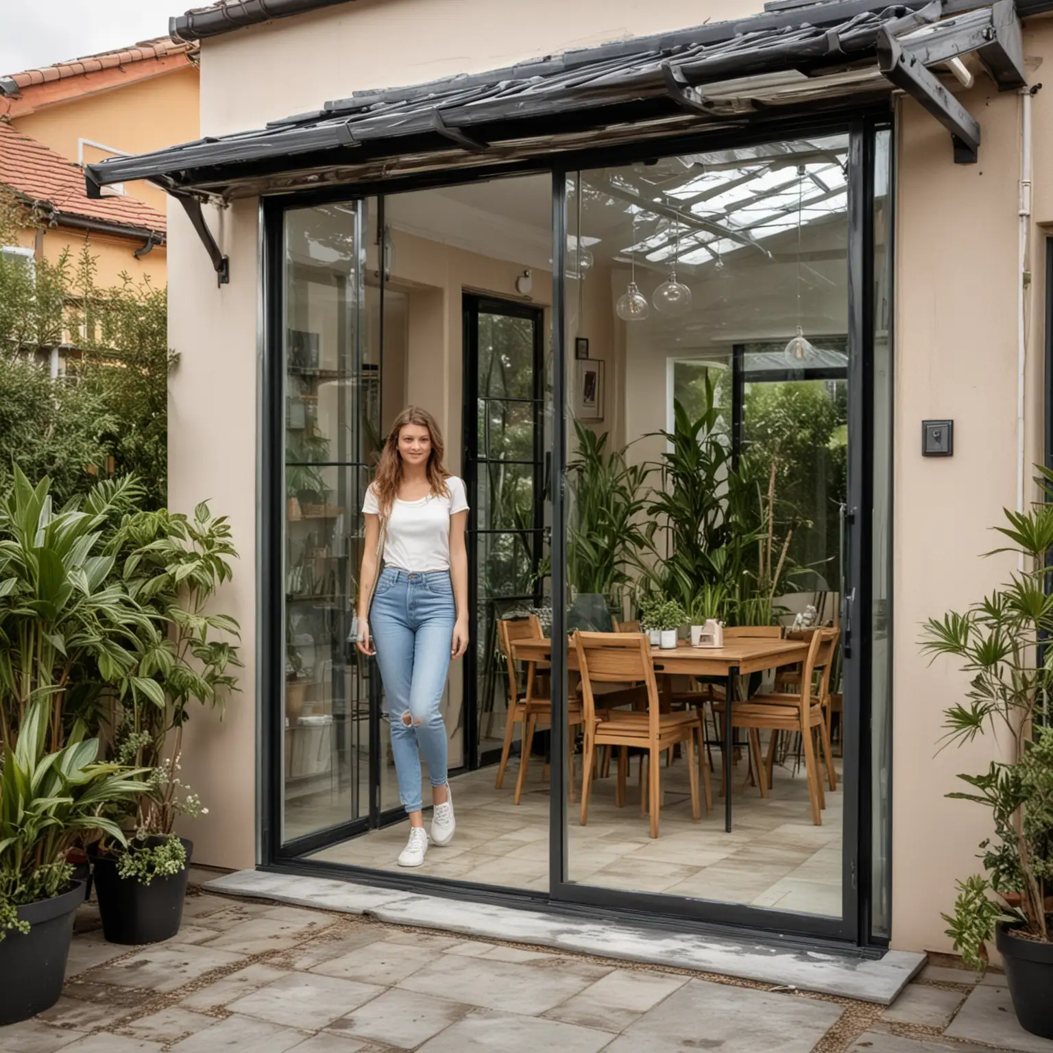 Stylish-Interior-of-Glazed-Veranda-with-Sliding-Portal-Door-and-Garden-View