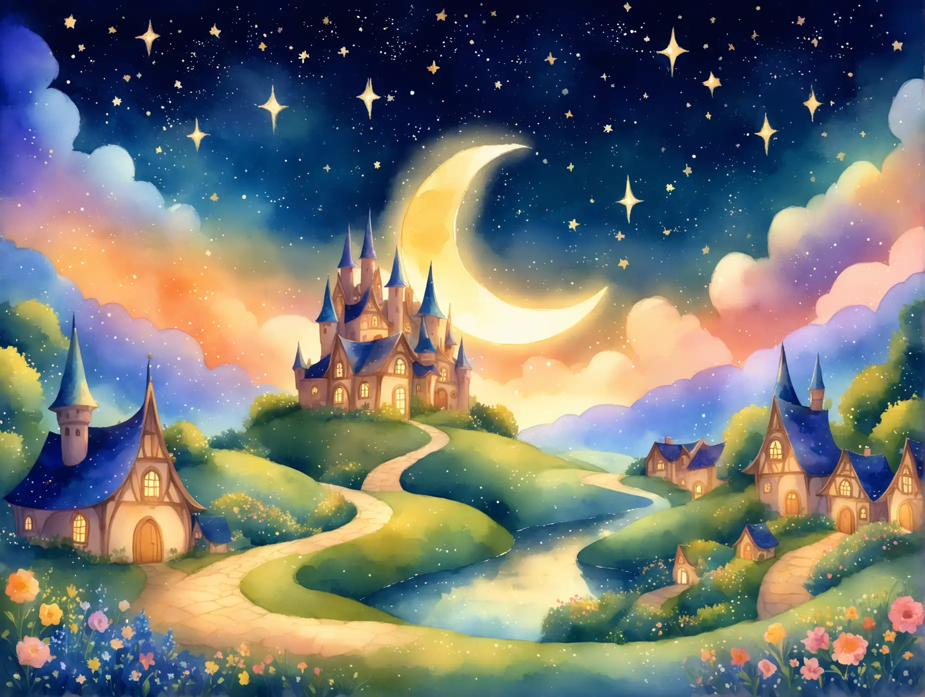 Whimsical-Fairytale-Nighttime-Village-with-Glowing-Crescent-Moon