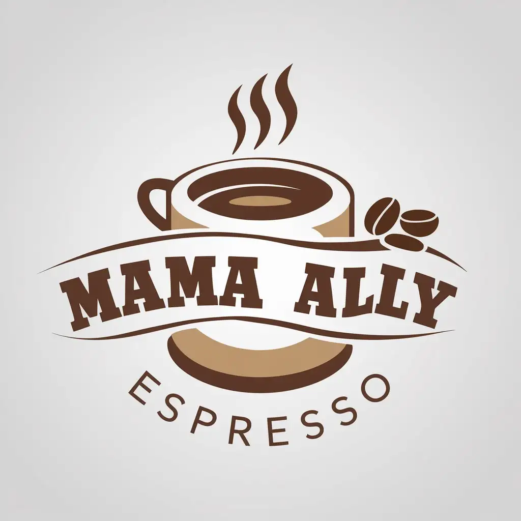 LOGO Design For Mama Ally Espresso Vector Logo with Steaming Coffee Cup and Beans