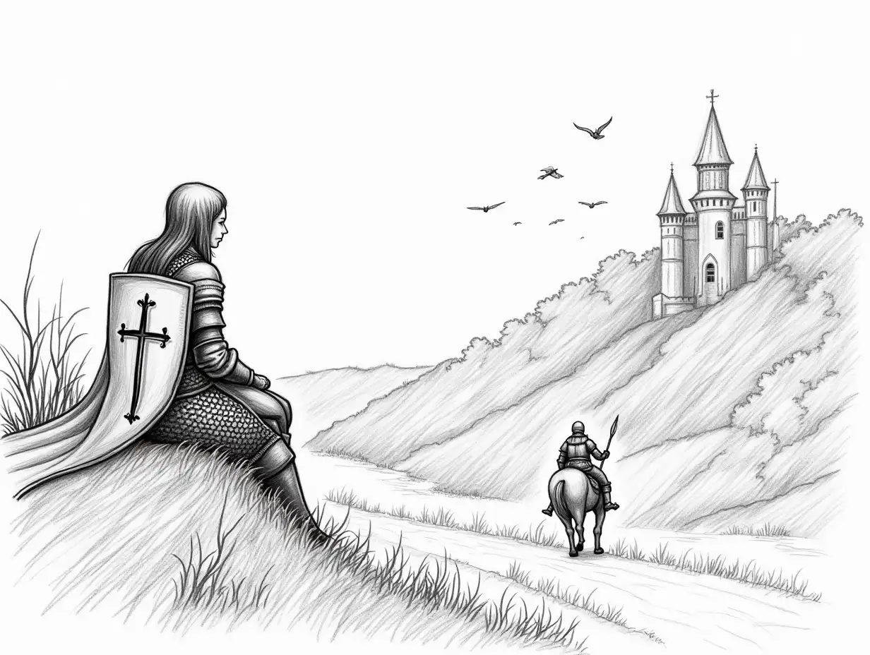 Pencil sketch with hatching. Middle Ages. Princess, sitting on a hill, looks afar at the road in a low valley, along which a knight in armor, clad in chain mail, with shield and spear, rides on a armored horse. There is a Orthodox cross drawn on the shield. In the distance, on a hill, amidst the forest, rises a medieval knight's castle with high towers, built of large stone over which a flock of crows hover