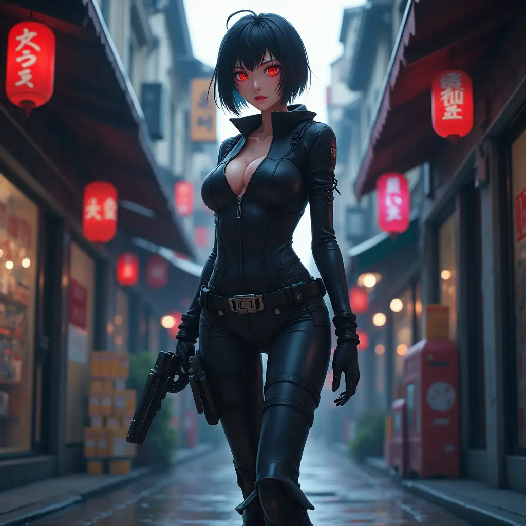 Short hair, mature Asian woman thief cyber runner in a dynamic full-length pose, eyes with red electronic pupils, large breast, extreme skintight body glove zipped down with cleavage, combat boots and combat belt. Full view of her body from boots up, low wide angle. Future store filled city alley street. Anime