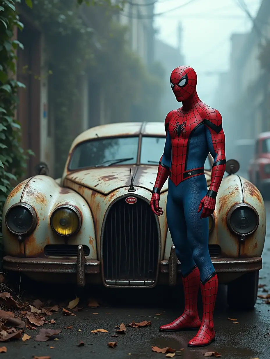 A highly detailed and realistic digital artwork featuring Spider-Man standing in front of a rusted and abandoned Bugatti. He wears his classic red and blue suit with web patterns, his stance confident yet curious as he examines the decayed luxury car. The Bugatti, once a masterpiece of engineering, is now covered in rust, with faded paint, shattered windows, and a partially broken front grille. Vines and dirt cling to its surface, hinting at years of neglect. The background is atmospheric, possibly an overgrown junkyard or an abandoned city street, with fog rolling in to add depth and mystery. The lighting is moody yet cinematic, casting soft shadows that highlight both Spider-Man’s heroic presence and the eerie beauty of the forgotten supercar.