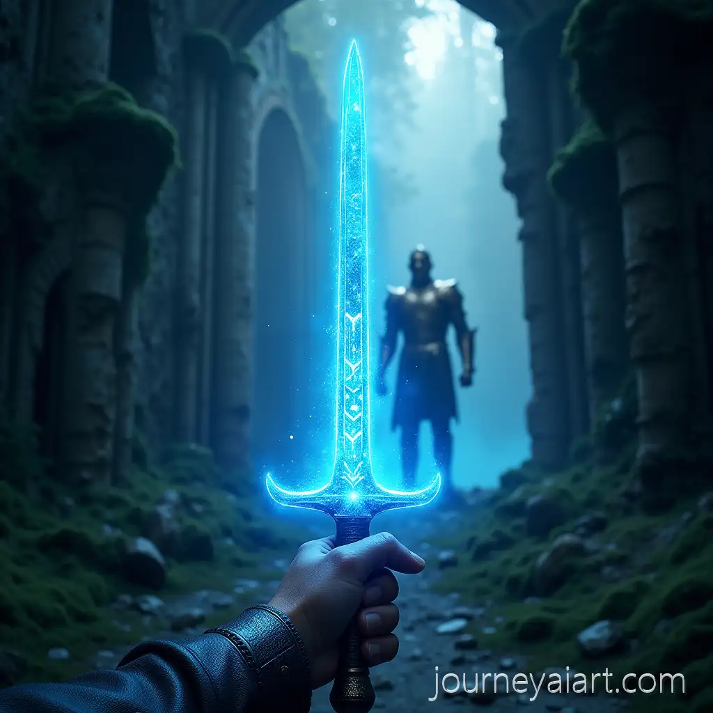 Hand-Holding-Glowing-BlueSpirit-sword-in-ruins-Spirit-Sword-Amidst-Camelot-Ruins-with-Mystical-Knights-and-Titan