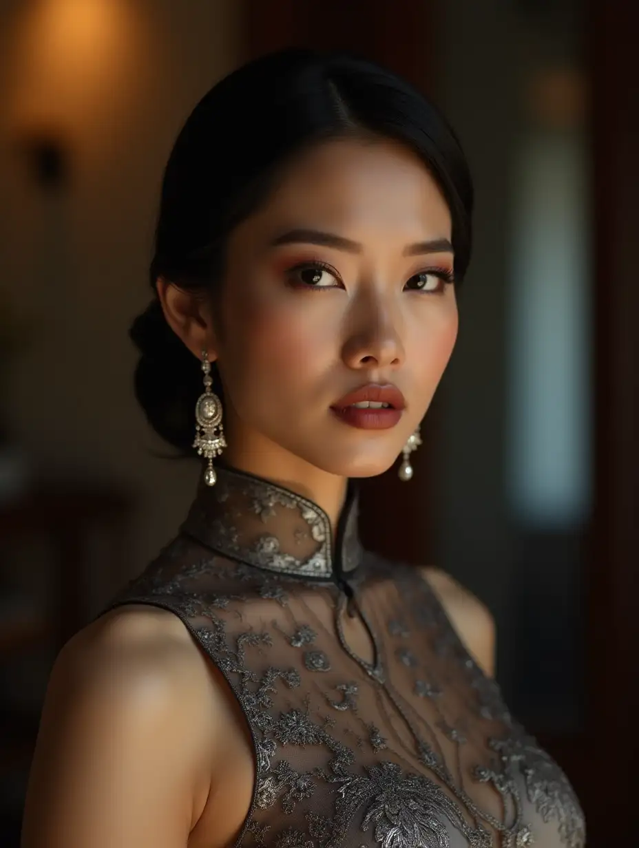 Indonesian-Woman-in-Lace-Cheongsam-with-Diamond-Earrings-in-Living-Room-at-Night