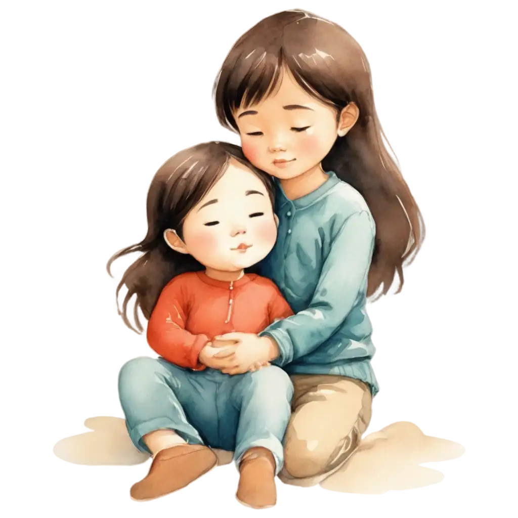 Watercolor-PNG-Image-of-Asian-Little-Girl-Embracing-Asian-Little-Boy-in-Dreamy-Childbook-Cartoon-Style