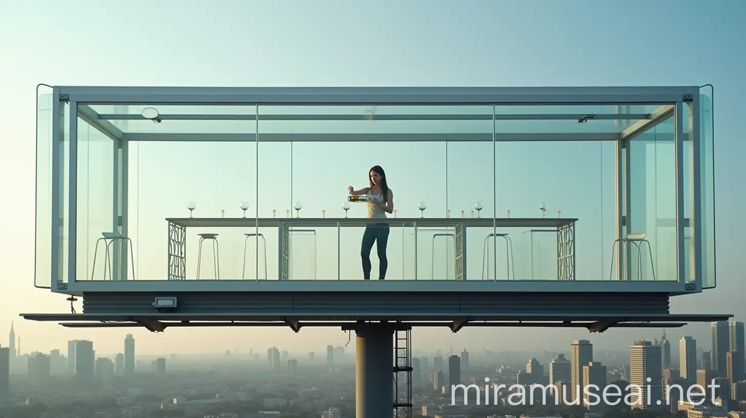 Young Woman Pouring White Wine at a Transparent Bar Counter on a Billboard