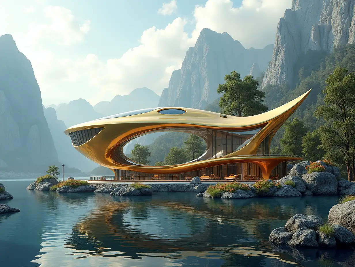 Create a high-resolution realistic image in 4k resolution a futuristic gold with black building with curved columns, mountains large trees, rocks flowers a futuristic glass boat with glass window cloudy sky