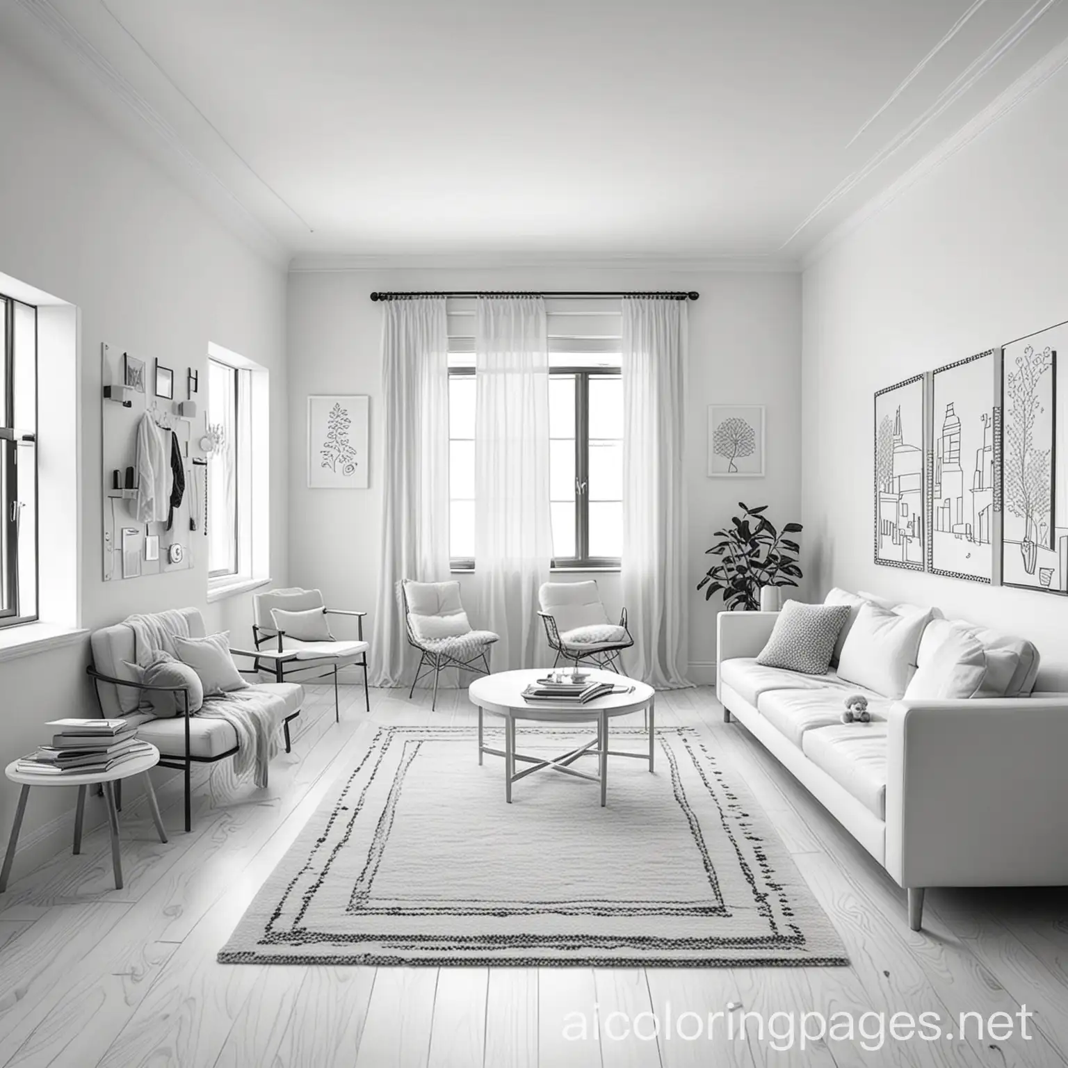 stylish rooms in a home, Coloring Page, black and white, line art, white background, Simplicity, Ample White Space. The background of the coloring page is plain white to make it easy for young children to color within the lines. The outlines of all the subjects are easy to distinguish, making it simple for kids to color without too much difficulty