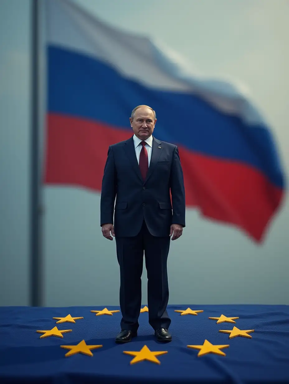 Putin stands on the defeated flag of EU, behind unfurls the flag of Russia