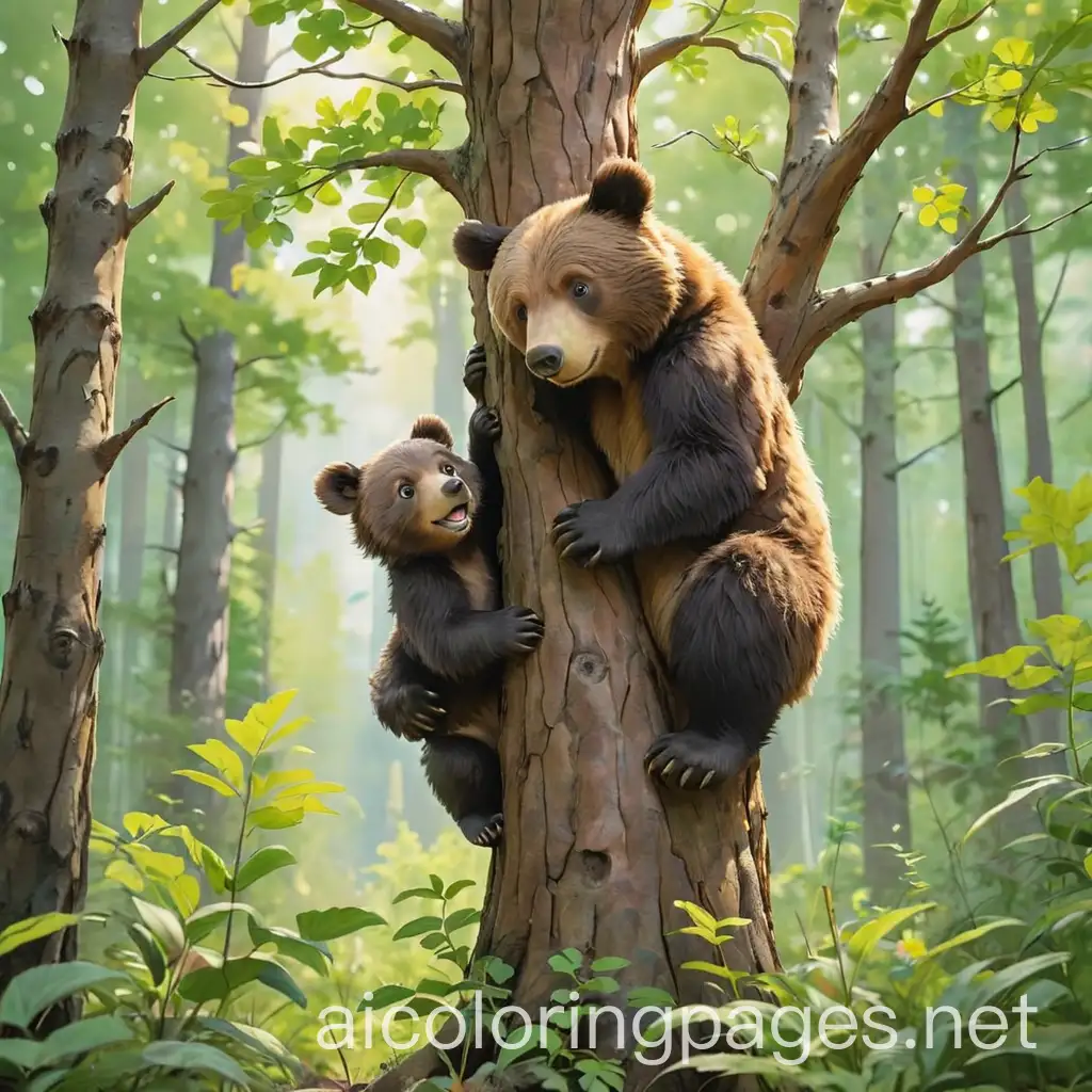 Bear-Cub-Climbing-a-Tree-Under-Mothers-Guidance-in-a-Serene-Forest