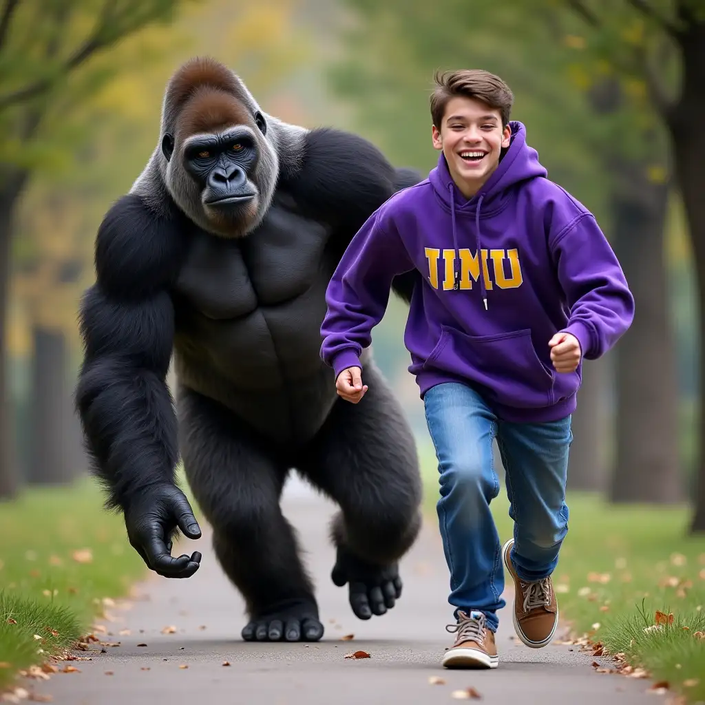 gorilla chasing a JMU student with purple sweatshirt