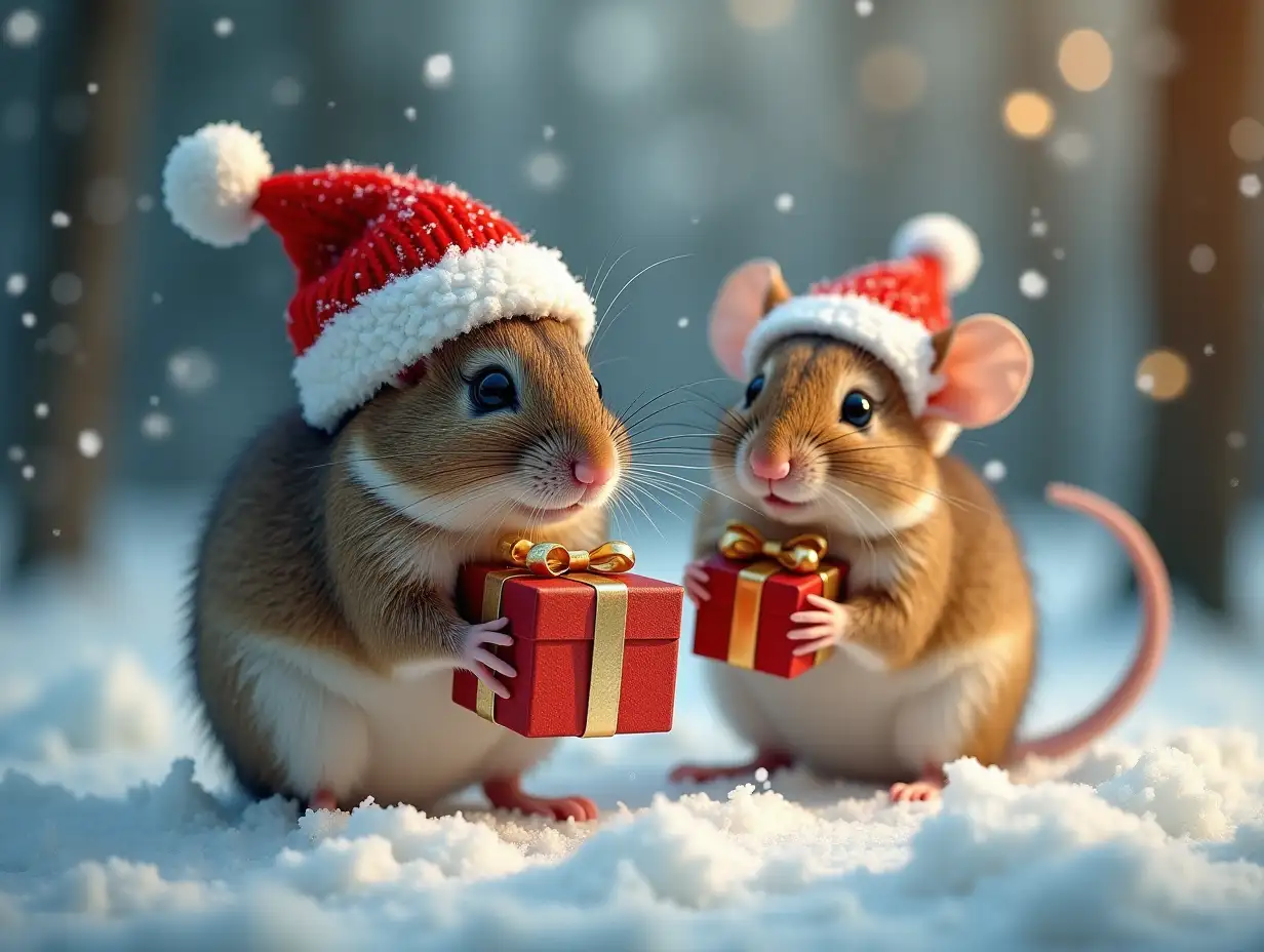 Mice in new year hats, in winter forest, with gifts