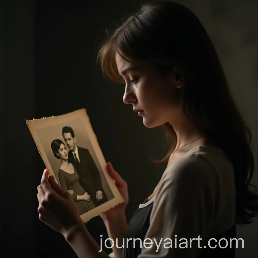 Melancholic-Woman-Reflecting-on-Old-Family-Photo-with-Sadness
