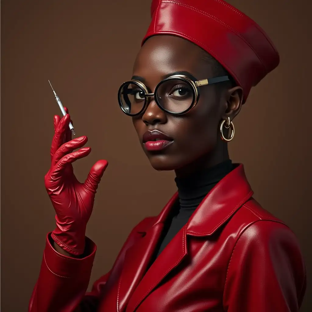 African-Nurse-in-Red-Leather-Uniform-with-Injection-Needle