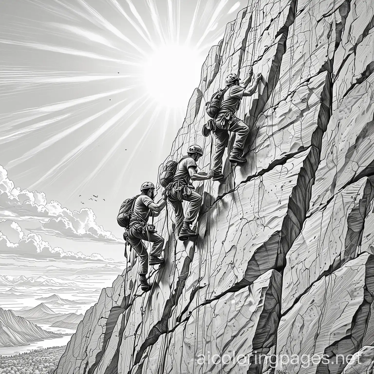 a group of men rock climbing and helping each other while the sun rises, Coloring Page, black and white, line art, white background, Simplicity, Ample White Space. The background of the coloring page is plain white to make it easy for young children to color within the lines. The outlines of all the subjects are easy to distinguish, making it simple for kids to color without too much difficulty