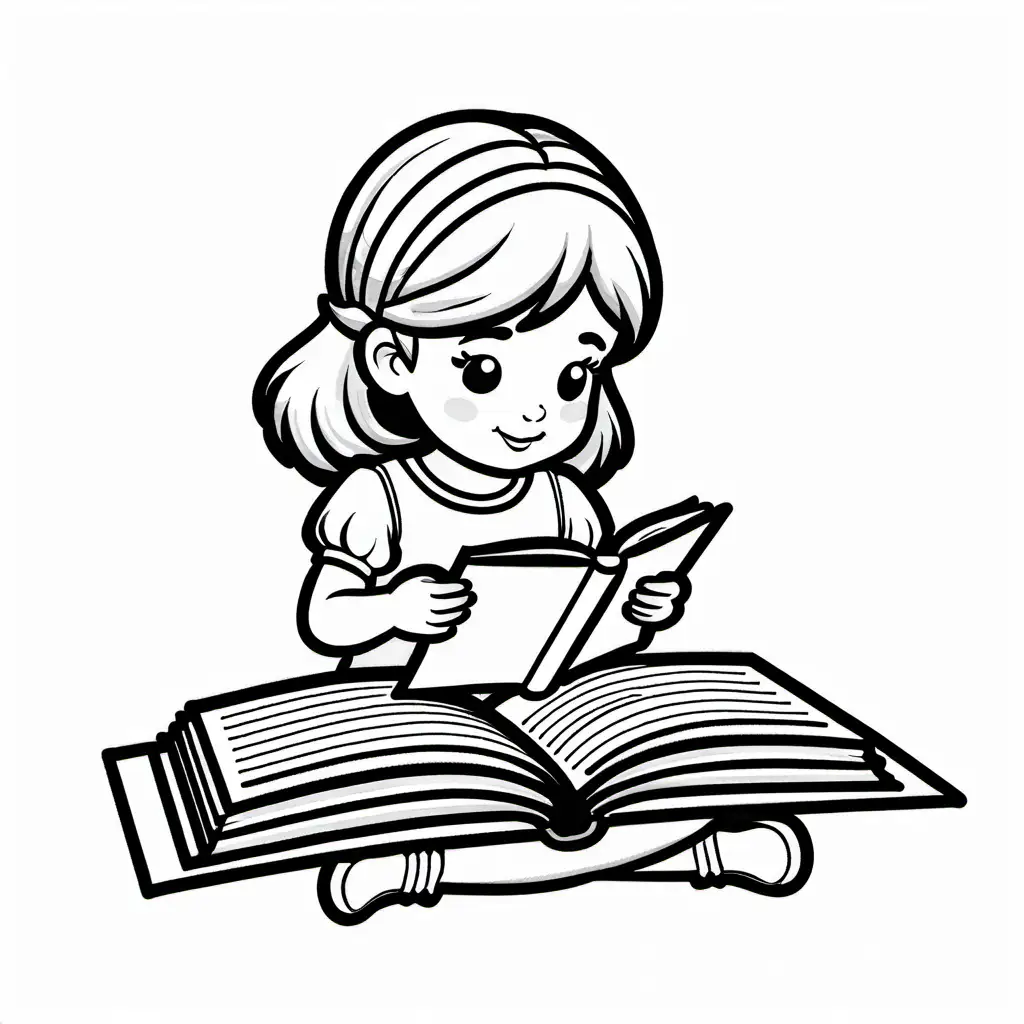 Little-Girl-Engrossed-in-a-Book-Simple-Line-Art-Coloring-Page