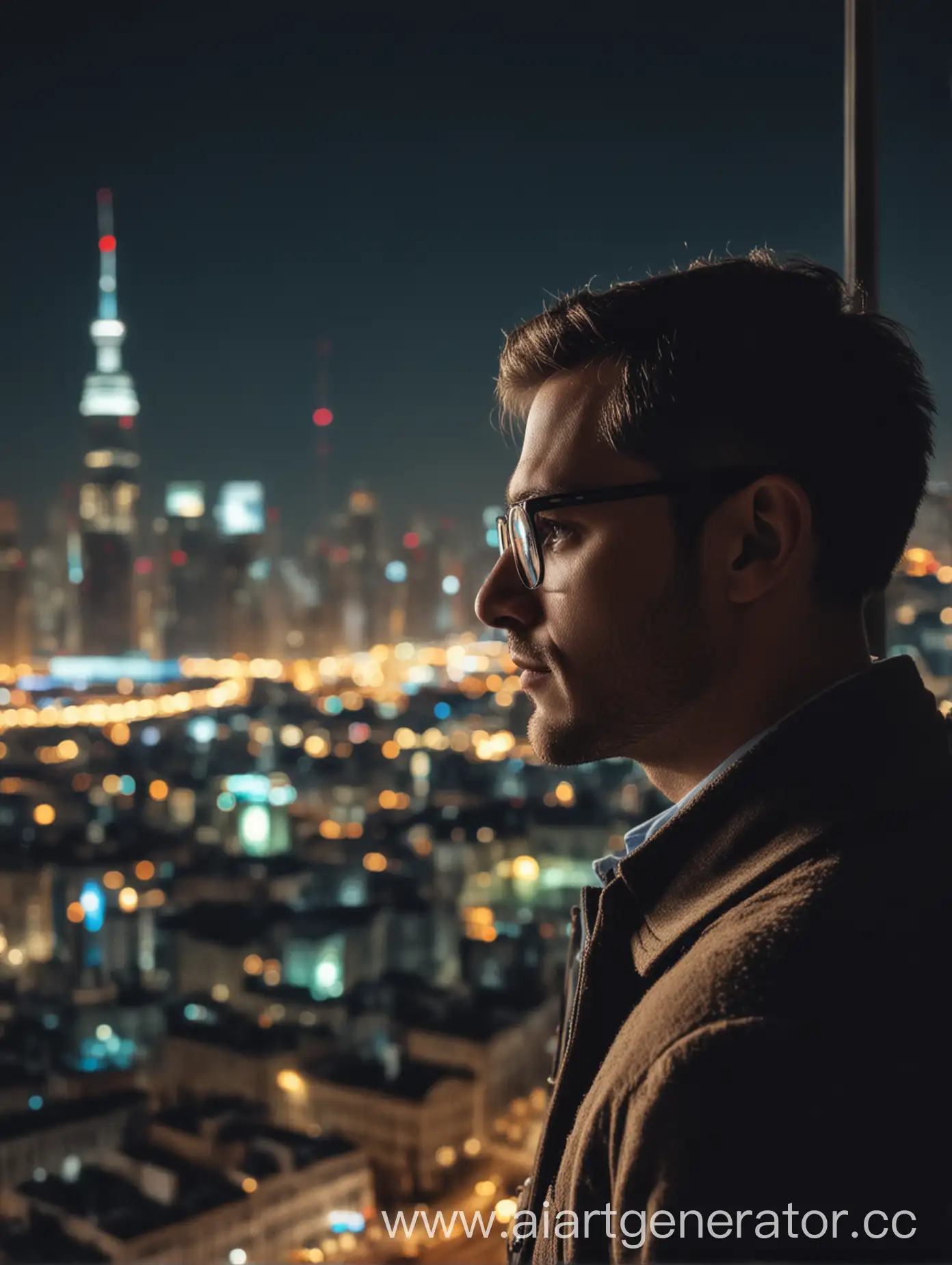 Man-in-Glasses-Contemplating-Urban-Night-Scene