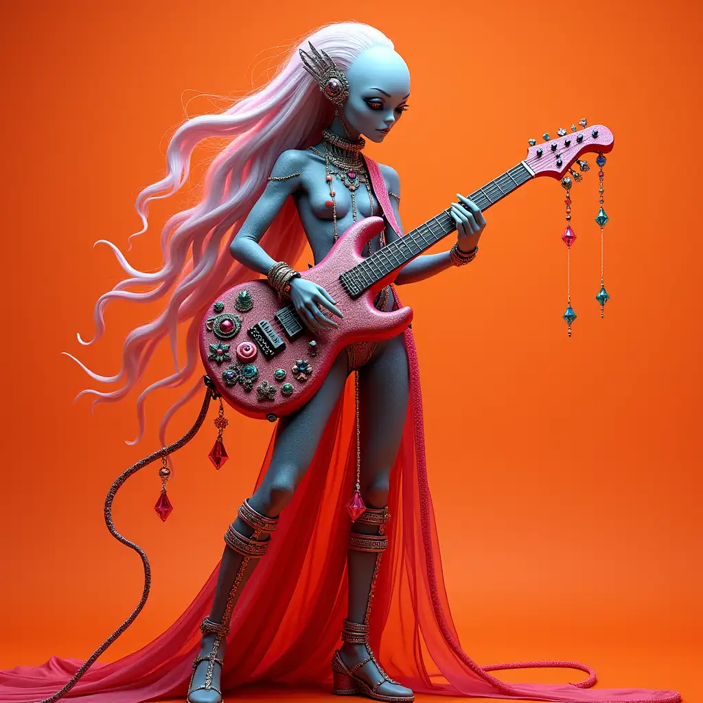 Hyperrealistic full body of a beautiful alien woman with silver pink long wavy hair playing on a ruby e-guitar with intricately detailed, colorful and futuristic jewelry. orange background