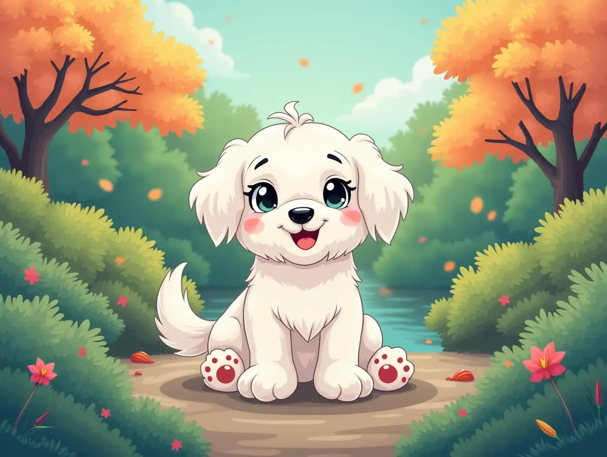 A cartoon style image of a Maltese dog smiling and sitting patiently in a beautiful Japanese garden