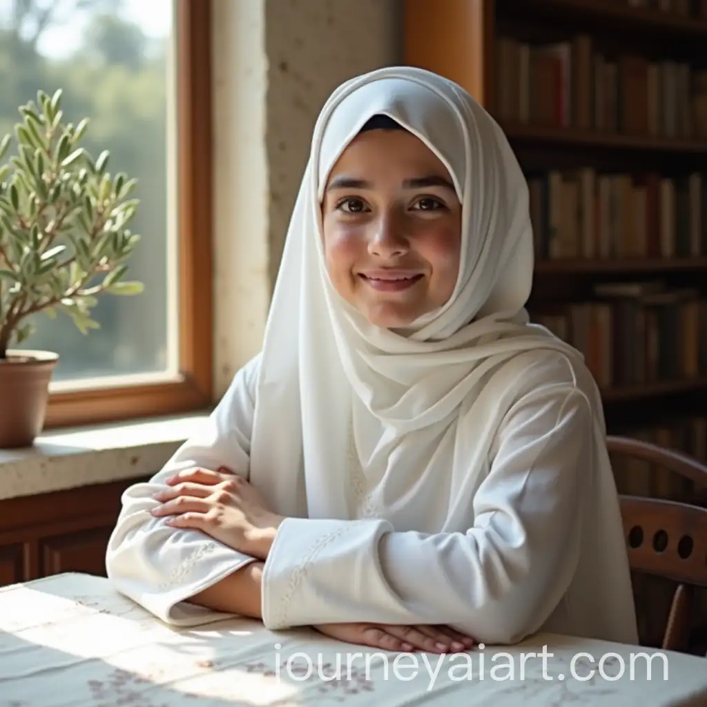 Muslim-Girl-in-White-Islamic-Outfit-Sitting-in-Library-with-Sunlight-and-Olive-Tree-View