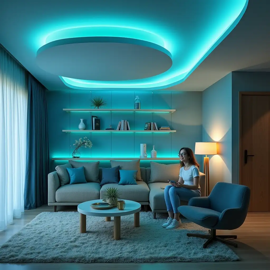 multi level stretch ceilings blue turquoise with stylish lighting stylish young woman is happy in an apartment in Sochi