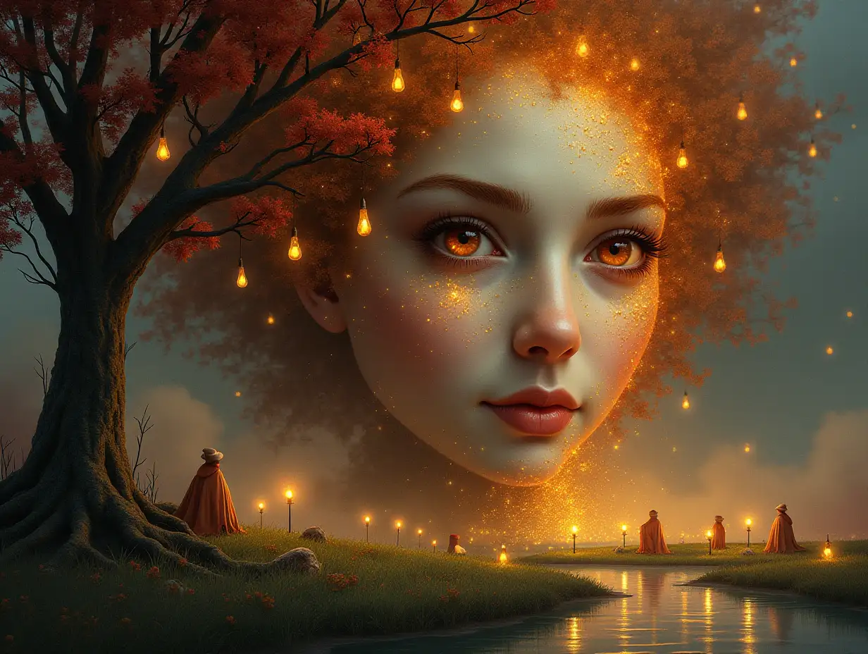 Creating a digital painting of a face with leuctkugelhair that transforms into a building with gold stones and illuminated trees with golden roots and a river with floating light bulbs and lanterns and red fog with strange fairy beings on a lawn